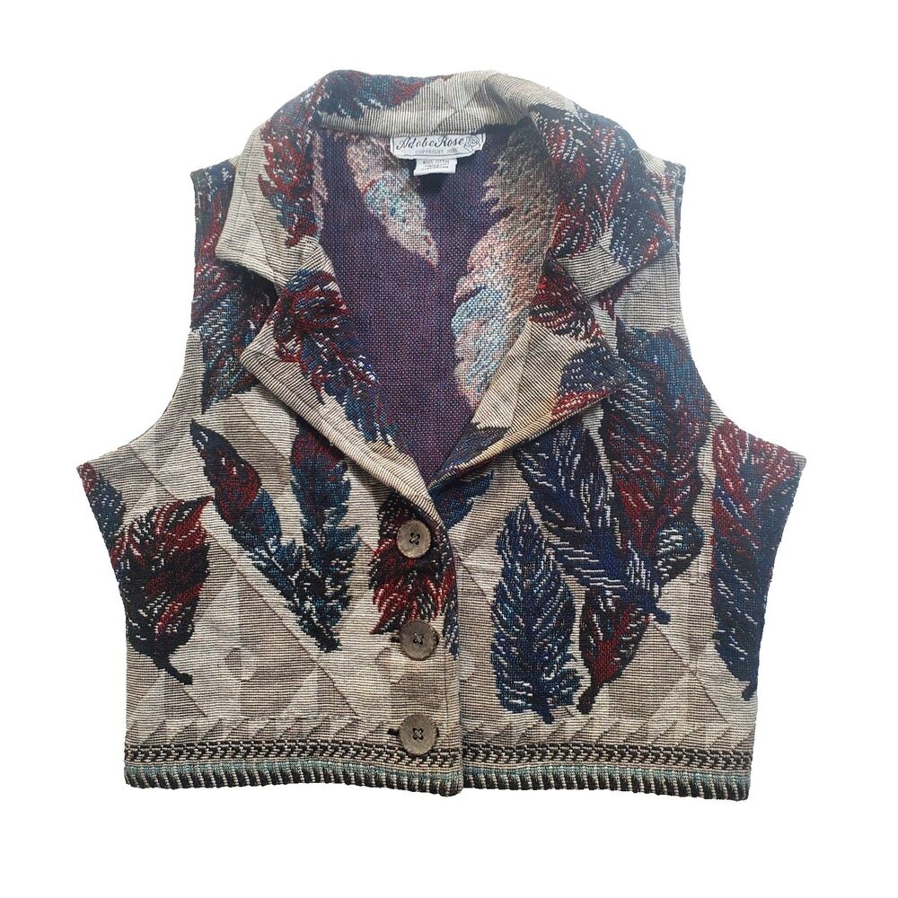 Vintage Adobe Rose Tapestry Vest XL Red Tan Southwestern Boho Feather Western 90